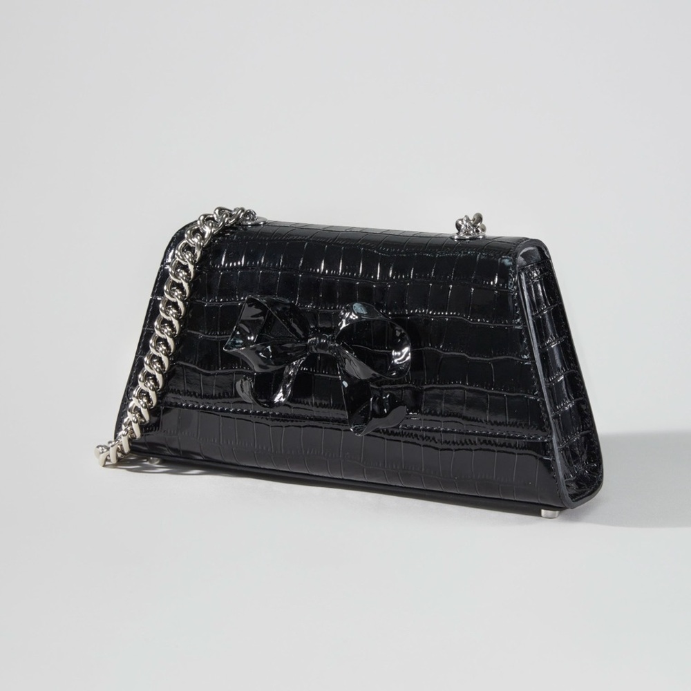 NIB AUTHENTIC Self-Portrait Black Croc Bow Mini Shoulder Bag Chain Embossed